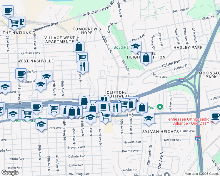 map of restaurants, bars, coffee shops, grocery stores, and more near 613 40th Avenue North in Nashville