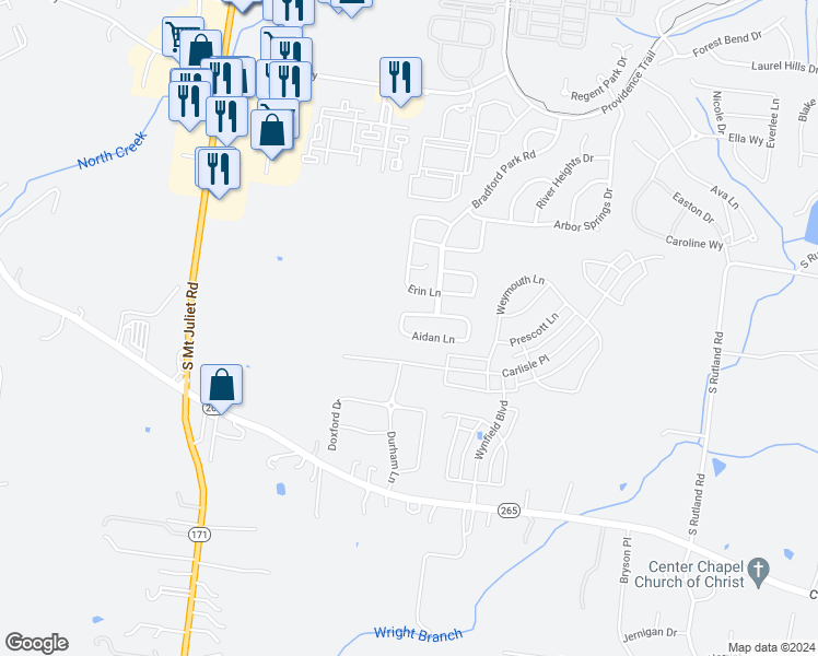 map of restaurants, bars, coffee shops, grocery stores, and more near 3126 Aidan Lane in Mount Juliet