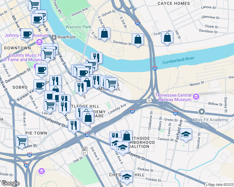 map of restaurants, bars, coffee shops, grocery stores, and more near 8 Academy Place in Nashville