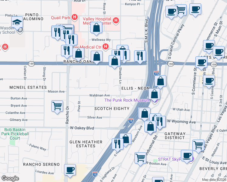 map of restaurants, bars, coffee shops, grocery stores, and more near 1217 Park Circle in Las Vegas