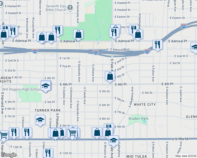map of restaurants, bars, coffee shops, grocery stores, and more near 4619 East 4th Street in Tulsa