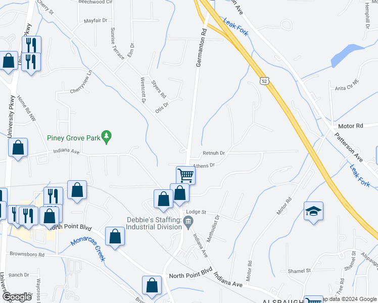 map of restaurants, bars, coffee shops, grocery stores, and more near 5041 North Cherry Street in Winston-Salem