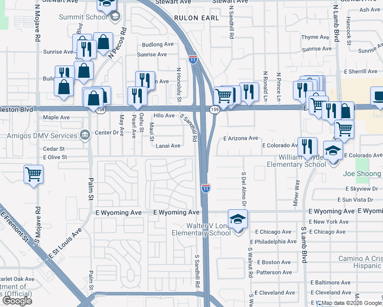 map of restaurants, bars, coffee shops, grocery stores, and more near 1411 South Sandhill Road in Las Vegas