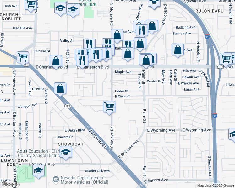 map of restaurants, bars, coffee shops, grocery stores, and more near 2850 Cedar Street in Las Vegas