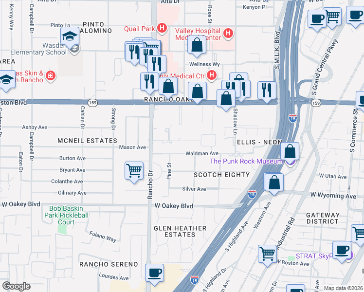map of restaurants, bars, coffee shops, grocery stores, and more near 2111 Edgewood Avenue in Las Vegas