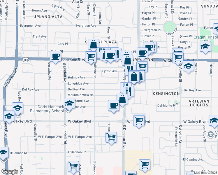 map of restaurants, bars, coffee shops, grocery stores, and more near 5201 Longridge Avenue in Las Vegas