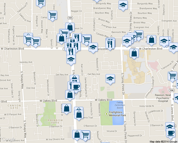 map of restaurants, bars, coffee shops, grocery stores, and more near 6750 Del Rey Avenue in Las Vegas
