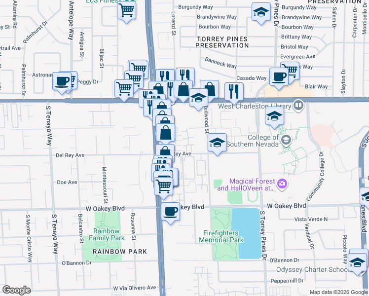map of restaurants, bars, coffee shops, grocery stores, and more near 6750 Del Rey Avenue in Las Vegas