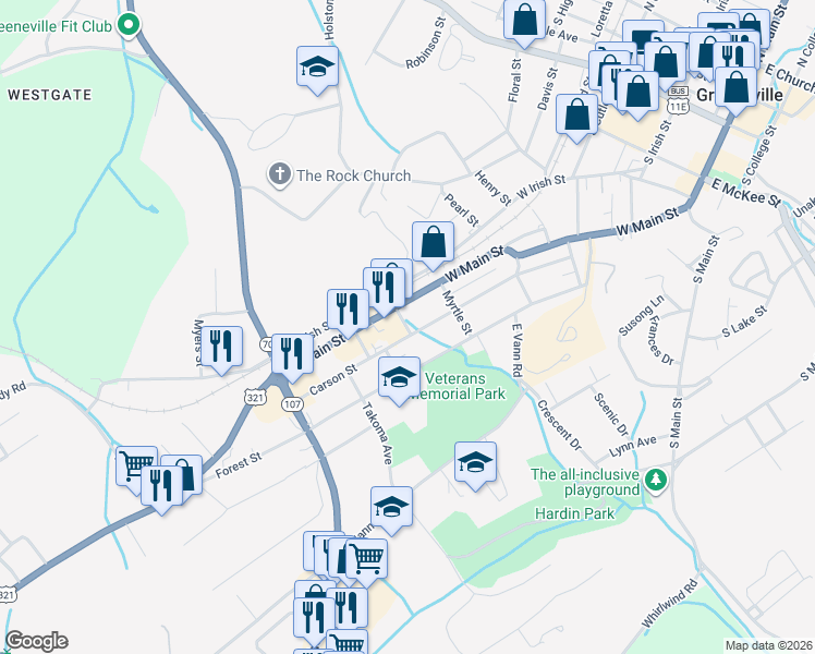 map of restaurants, bars, coffee shops, grocery stores, and more near 814 Carson Street in Greeneville