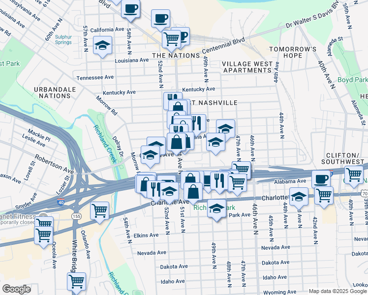 map of restaurants, bars, coffee shops, grocery stores, and more near 708 51st Avenue North in Nashville