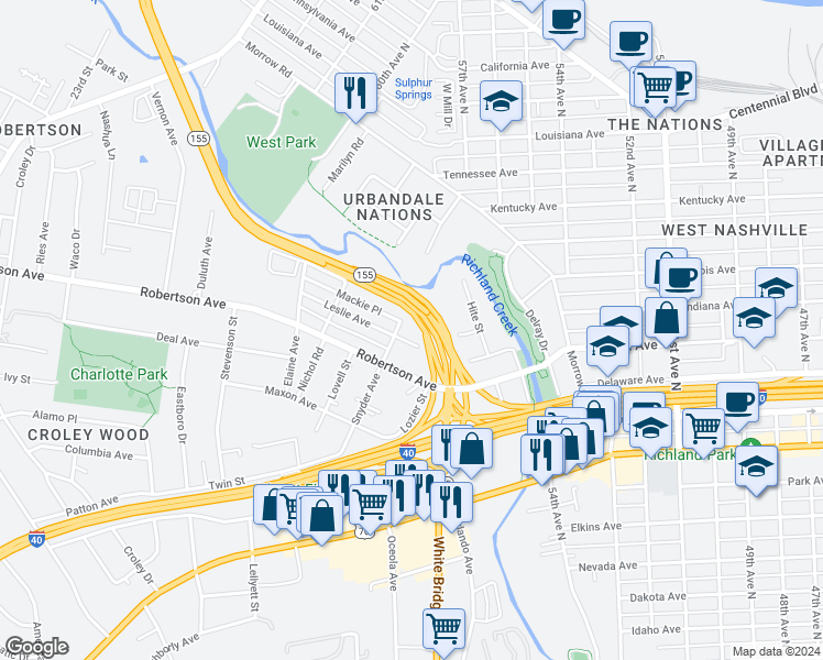 map of restaurants, bars, coffee shops, grocery stores, and more near 5610 Leslie Avenue in Nashville