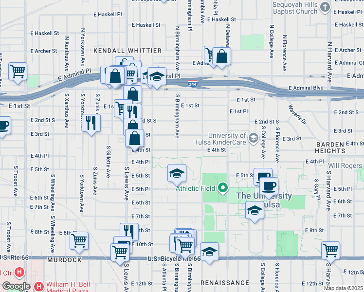 map of restaurants, bars, coffee shops, grocery stores, and more near 2603 East 4th Street in Tulsa