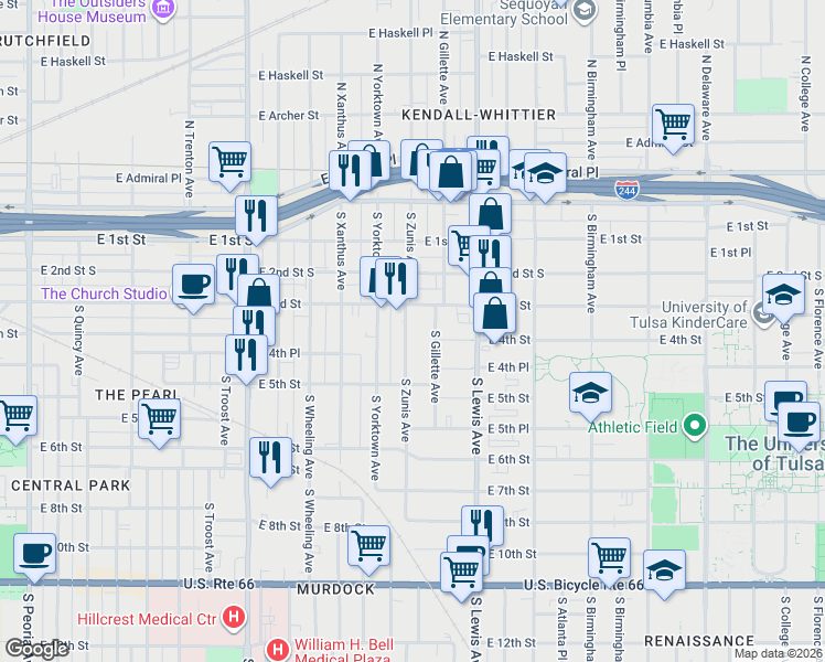 map of restaurants, bars, coffee shops, grocery stores, and more near 320 South Zunis Avenue in Tulsa