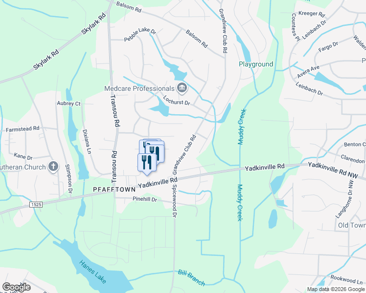 map of restaurants, bars, coffee shops, grocery stores, and more near 3242 Grandview Club Road in Pfafftown