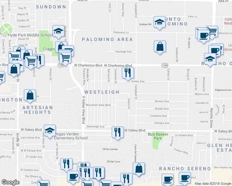 map of restaurants, bars, coffee shops, grocery stores, and more near 3398 Mason Avenue in Las Vegas