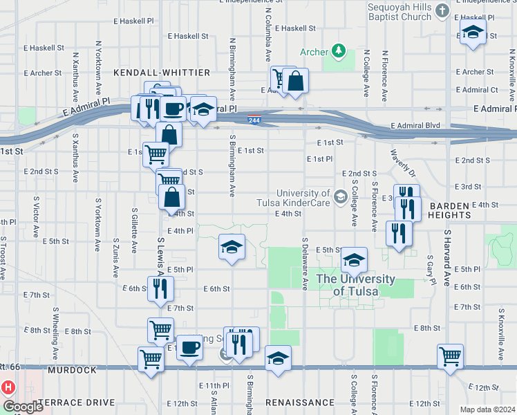 map of restaurants, bars, coffee shops, grocery stores, and more near 2637 E 4th St in Tulsa