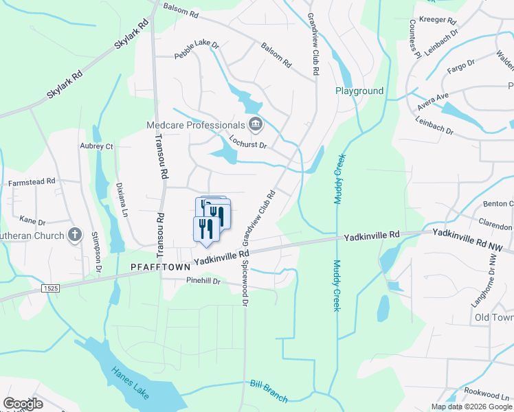 map of restaurants, bars, coffee shops, grocery stores, and more near 3242 Grandview Club Road in Pfafftown