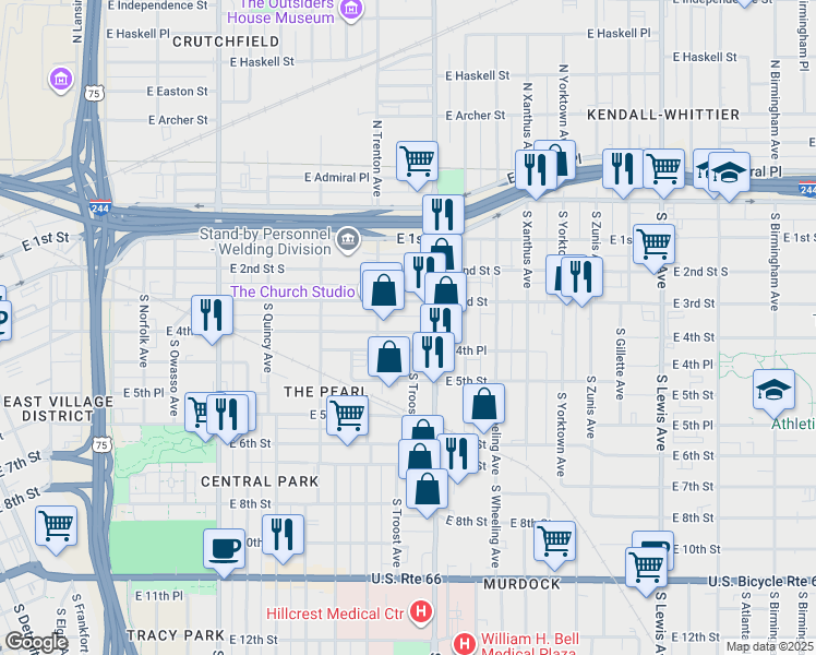 map of restaurants, bars, coffee shops, grocery stores, and more near 1627 East 4th Street in Tulsa