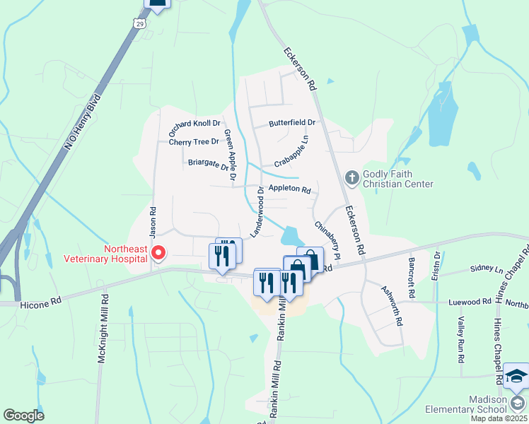 map of restaurants, bars, coffee shops, grocery stores, and more near 4100 Sunbury Drive in Greensboro