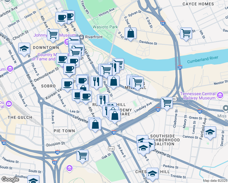 map of restaurants, bars, coffee shops, grocery stores, and more near 34 Rutledge Street in Nashville