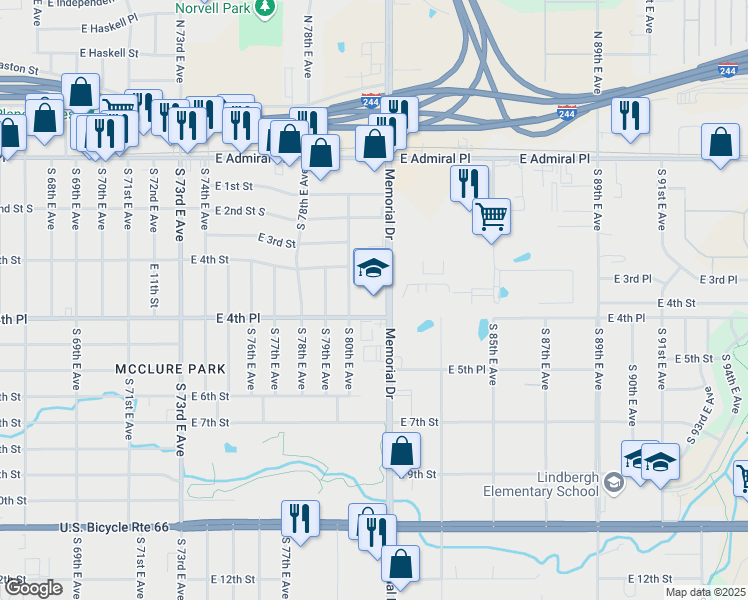 map of restaurants, bars, coffee shops, grocery stores, and more near 280 South Memorial Drive in Tulsa