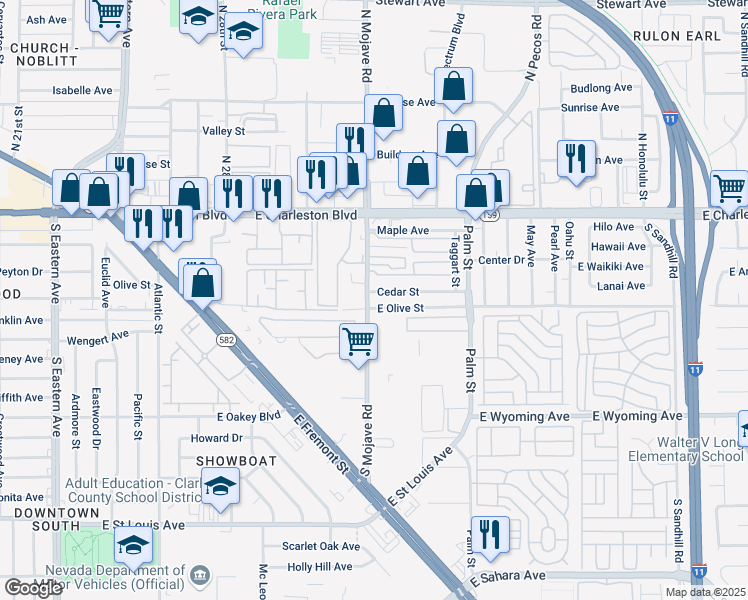 map of restaurants, bars, coffee shops, grocery stores, and more near 1315 South Mojave Road in Las Vegas