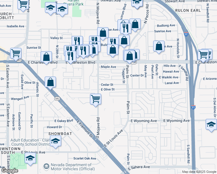 map of restaurants, bars, coffee shops, grocery stores, and more near 2850 Cedar Street in Las Vegas