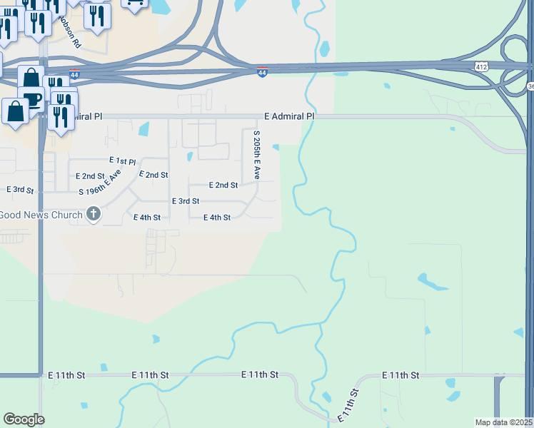 map of restaurants, bars, coffee shops, grocery stores, and more near 20533 East 4th Street in Tulsa
