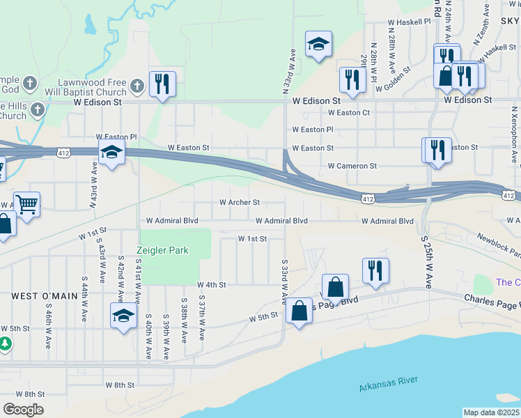 map of restaurants, bars, coffee shops, grocery stores, and more near 334 North 35th West Avenue in Tulsa