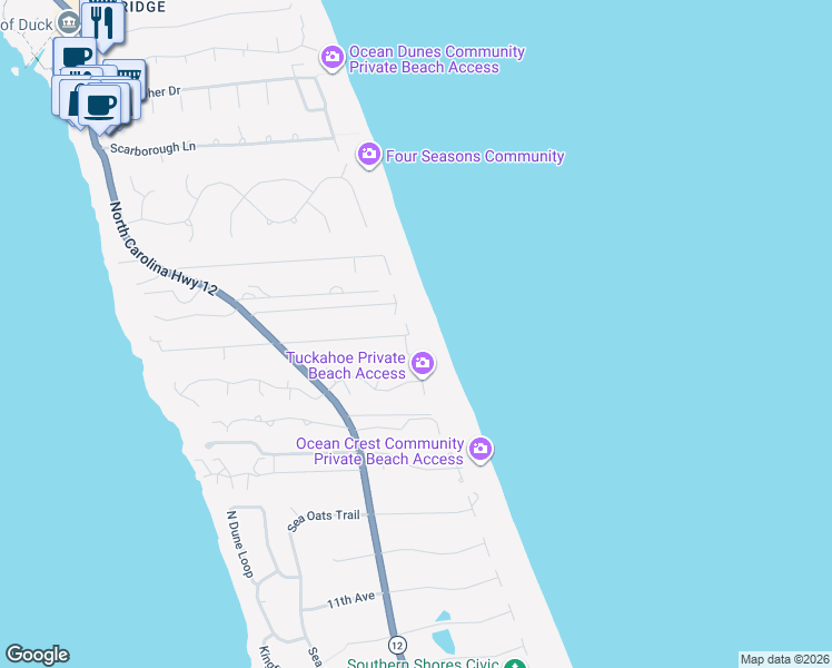 map of restaurants, bars, coffee shops, grocery stores, and more near 138 Sea Hawk Drive East in Kitty Hawk