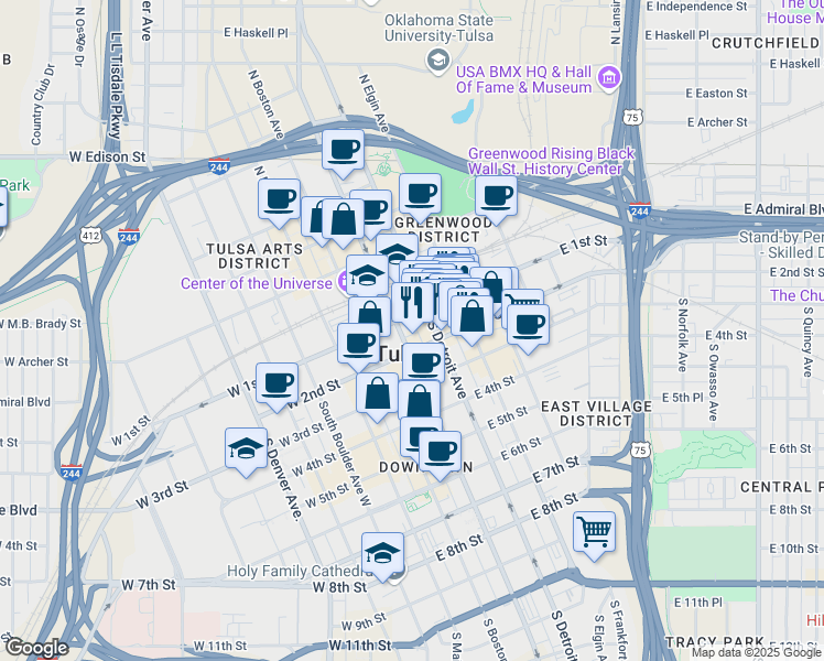 map of restaurants, bars, coffee shops, grocery stores, and more near 105 South Cincinnati Avenue in Tulsa