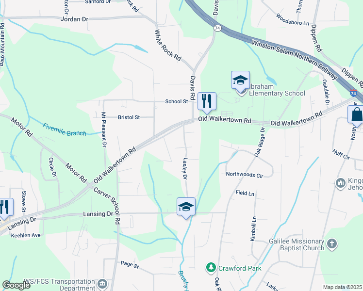 map of restaurants, bars, coffee shops, grocery stores, and more near 4650 Lasley Drive in Winston-Salem