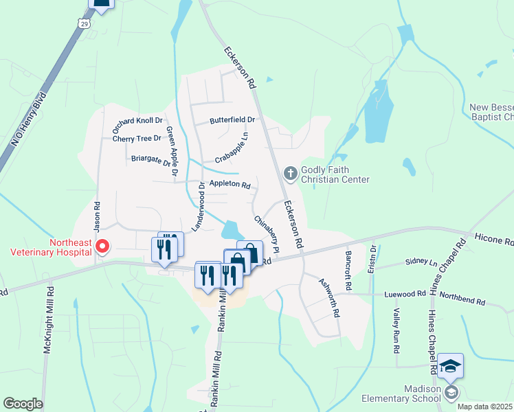 map of restaurants, bars, coffee shops, grocery stores, and more near 5704 Chinaberry Pl in Greensboro