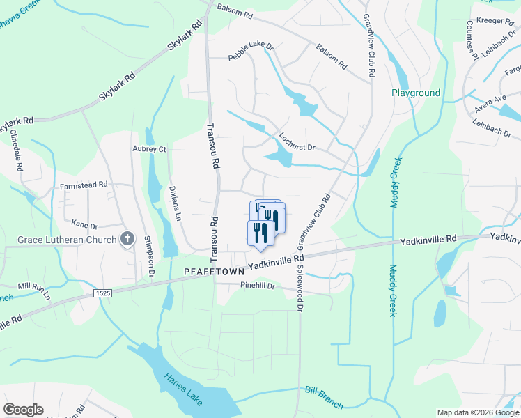 map of restaurants, bars, coffee shops, grocery stores, and more near 4605 Bottoms Rock Ln in Pfafftown