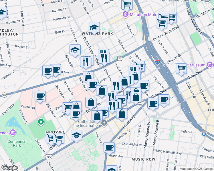 map of restaurants, bars, coffee shops, grocery stores, and more near 1808B State Street in Nashville