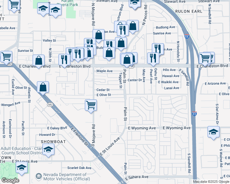 map of restaurants, bars, coffee shops, grocery stores, and more near 3000 Cedar Street in Las Vegas