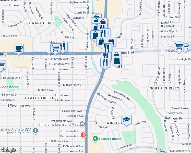 map of restaurants, bars, coffee shops, grocery stores, and more near 1405 South Nellis Boulevard in Las Vegas
