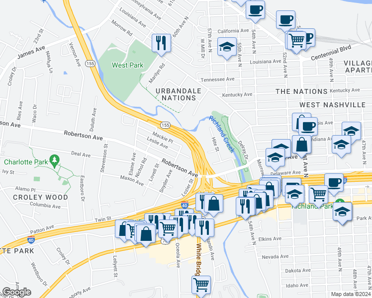map of restaurants, bars, coffee shops, grocery stores, and more near 5610 Leslie Avenue in Nashville