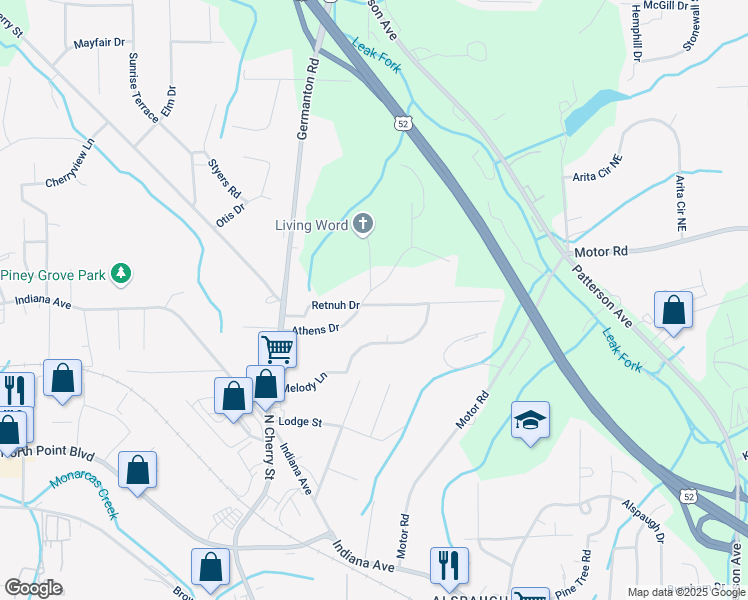 map of restaurants, bars, coffee shops, grocery stores, and more near 233 Retnuh Drive in Winston-Salem