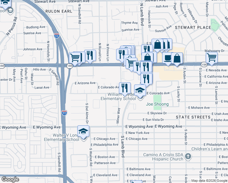map of restaurants, bars, coffee shops, grocery stores, and more near 4140 East Olive Street in Las Vegas