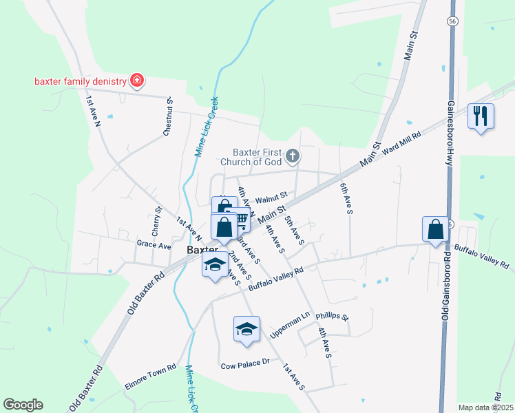 map of restaurants, bars, coffee shops, grocery stores, and more near 125 North 4th Street in Baxter