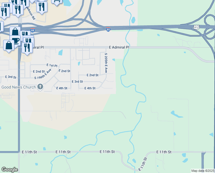 map of restaurants, bars, coffee shops, grocery stores, and more near 20533 East 4th Street in Tulsa