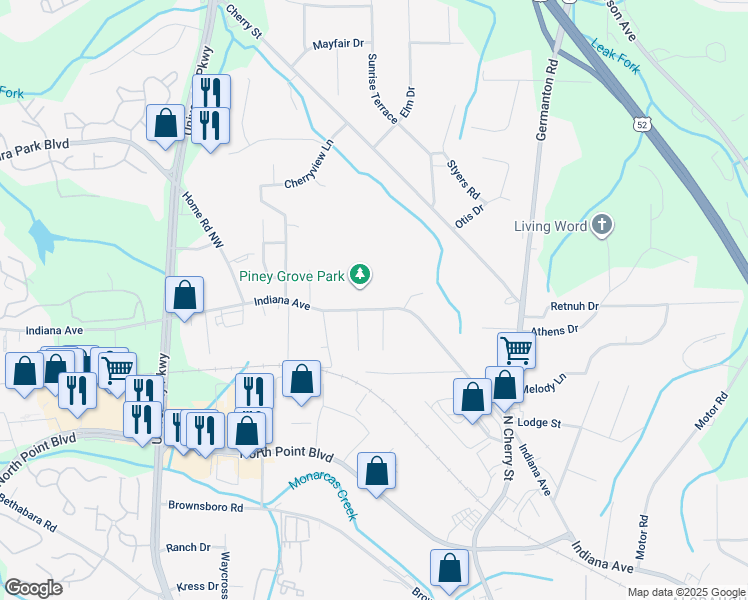 map of restaurants, bars, coffee shops, grocery stores, and more near 4715 Indiana Avenue in Winston-Salem