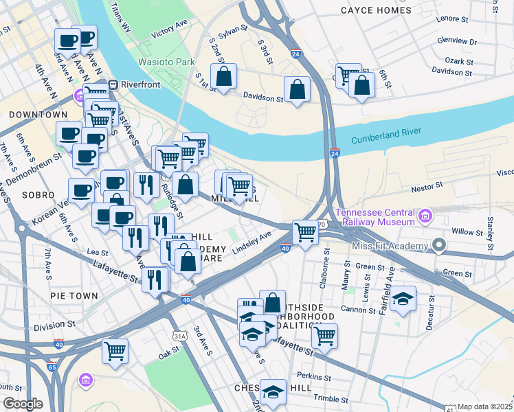 map of restaurants, bars, coffee shops, grocery stores, and more near 8 Academy Place in Nashville