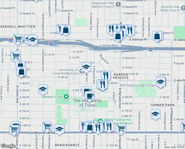 map of restaurants, bars, coffee shops, grocery stores, and more near 3106 East 3rd Street in Tulsa