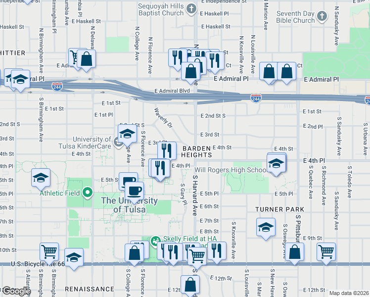 map of restaurants, bars, coffee shops, grocery stores, and more near 3239 East 4th Street in Tulsa
