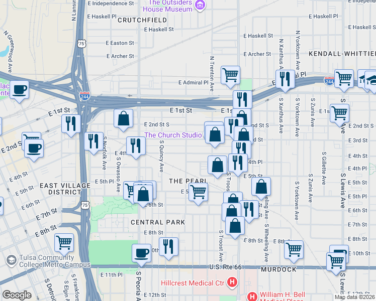 map of restaurants, bars, coffee shops, grocery stores, and more near 321 South Rockford Avenue in Tulsa