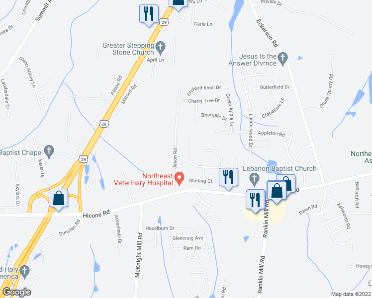 map of restaurants, bars, coffee shops, grocery stores, and more near 3986 Landerwood Drive in Greensboro