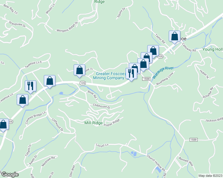 map of restaurants, bars, coffee shops, grocery stores, and more near 9189 North Carolina 105 in Banner Elk