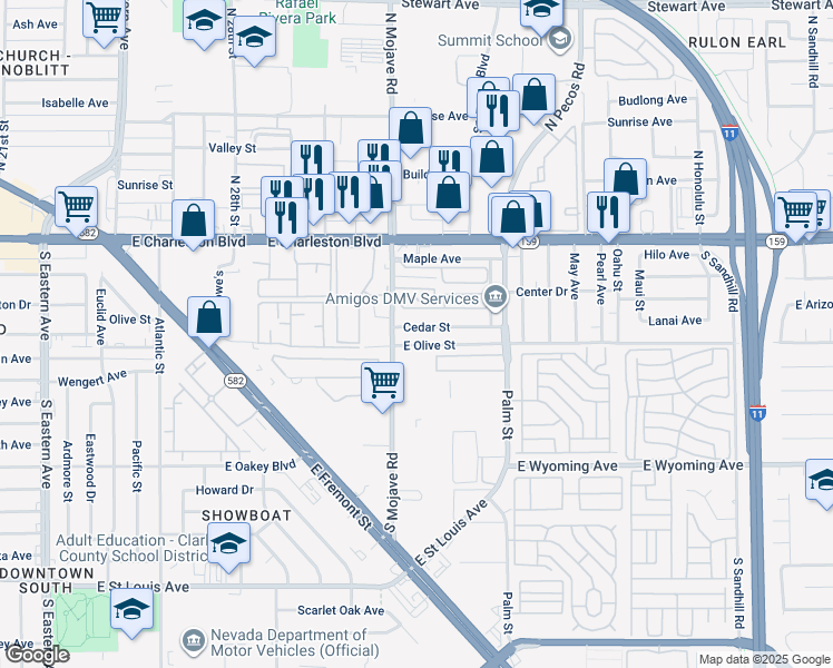 map of restaurants, bars, coffee shops, grocery stores, and more near 2840 Cedar Street in Las Vegas
